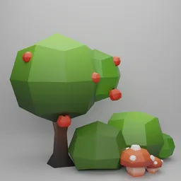 Stylized low poly apple tree with bushes and mushroom model for Blender 3D projects.