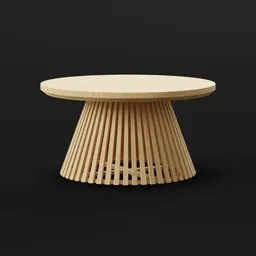 Round wood 3D model table with unique slatted base, ideal for Blender 3D artistic interior design renderings.