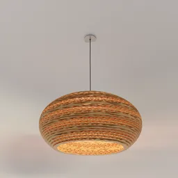 "Cardboard Light Fixture Large - a DIY ceiling light made of bamboo and cardboard, perfect for classic, modern, and antique setups. Inspired by artist Childe Hassam, this 3D model features a woven shade and seamless wooden texture, rendered in redshift for realistic detail."