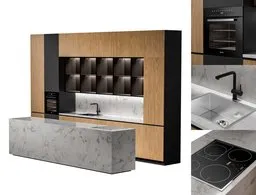Detailed Blender 3D model featuring modern kitchen appliances, wood accents, and marble countertops.
