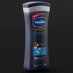 "3D model of Vaseline for men's Cooling Lotion in Blender 3D, featuring a close-up view of the bottle on a black background. Perfect utility category asset, ideal for ad campaigns and virtual reality metaverse engines."
