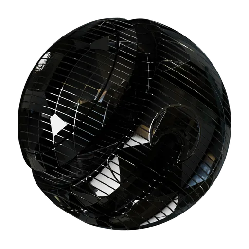 PBR seamless metallic pattern texture for 3D materials, featuring dark reflective surfaces with geometric line detailing.