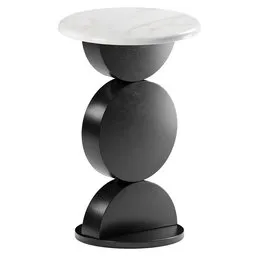 High-quality 3D model of a modern sculptural side table featuring marble top and circular black base.
