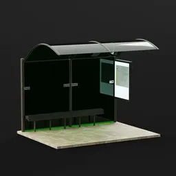 Detailed and textured Blender 3D bus stop model for urban scene rendering and game development.