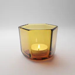 Realistic 3D-rendered yellow-tinted glass candle holder with lit candle, suitable for Blender modeling projects.