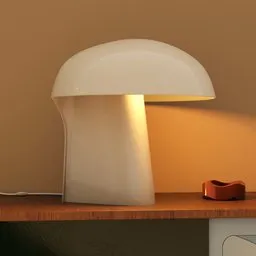 "70s Body Table Lamp designed by Gerd Lange in Blender 3D. Post-war inspired unique design with smooth white surroundings and blocky shape, featuring a floodlight and desk fan. Perfect addition to any brightly lit room with a minimalist aesthetic."
