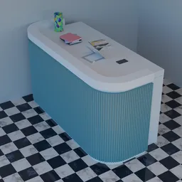 "Blue and white reception desk with a curvy, minimalist design and mid-century modern cartoon style. Features a small vase on the counter and a black and white checkered floor. 3D model created in Blender 3D."