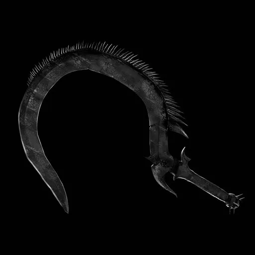 Highly detailed 3D scythe model with sharp serrations and curved blade, rendered in Blender Cycles, set against a dark backdrop.