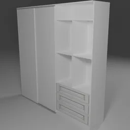 3D-rendered office cabinet with open shelves, drawers in white, for Blender modeling and design.