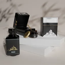 Elegant 3D-rendered product showcase with a black pedestal, beige accents, and textured backdrop.