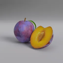 Realistic 3D plum model with textured surface and sliced half, suitable for Blender 3D rendering projects.