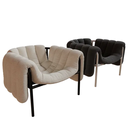 3D modeled tan and black armchairs with cushioned seats and backs, compatible with Blender rendering.