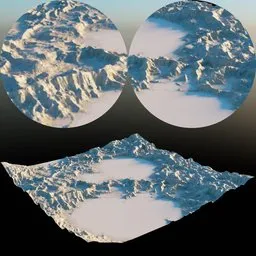 "A stunning snow-covered mountain terrain with unique circles and expertly rendered raytracing, created in Blender 3D. This mysterious landscape, designed by Ladrönn, showcases staggered depth and featured face details, presenting a captivating top-down perspective. An ideal 3D model choice for concept art and net art enthusiasts, with its flat shapes and engaging smiley face element that smiles at the viewer."
