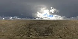 Dynamic range skydome featuring contrasting storm clouds with bright sunlight and detailed ground textures for realistic scene lighting.