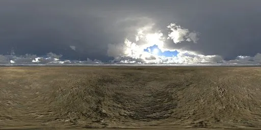 Dynamic range skydome featuring contrasting storm clouds with bright sunlight and detailed ground textures for realistic scene lighting.
