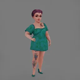 3D-rendered stylish female figure with tattoos, short hair, and green dress, compatible with Blender.