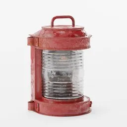 Detailed 3D Blender model of a red vintage marine signal lamp with a weathered texture and glass lens, suitable for vessel visualization.