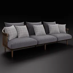 Detailed 3D model of a modern Nordic-inspired sofa with slatted backrest and cozy cushions, compatible with Blender.