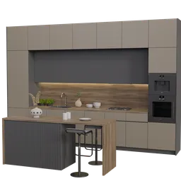 Detailed neoclassical kitchen 3D model featuring modern appliances, wooden accents rendered in Blender Cycles.