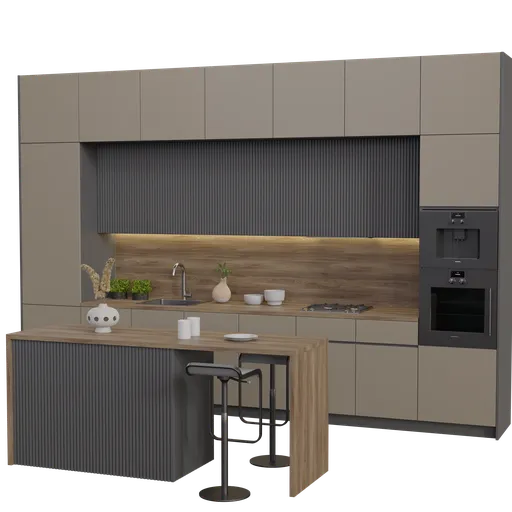 Detailed neoclassical kitchen 3D model featuring modern appliances, wooden accents rendered in Blender Cycles.
