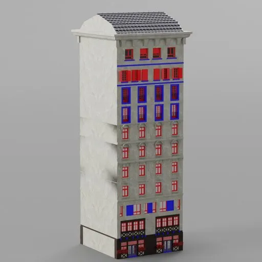 Low poly 3D model of a French house, Blender-ready for games, featuring generic textures and materials.