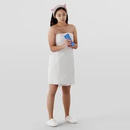 Realistic Blender 3D model of a woman in towel with cat-ear headband applying lotion.