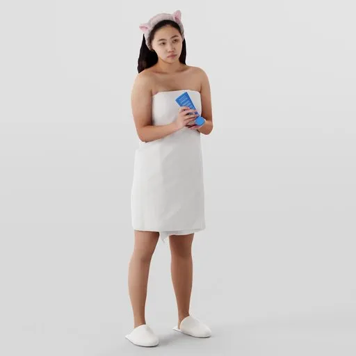 Realistic Blender 3D model of a woman in towel with cat-ear headband applying lotion.