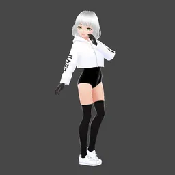 "Shiro Anime Character - Game Ready, Rigged, and VRChat & Vtube Ready 3D Model for Blender 3D. Japanese ethnic anime girl in a white and black outfit, talking on a cell phone, streaming on Twitch, and dancing in cute casual streetwear. Perfect for VRM export and popular virtual reality experiences."