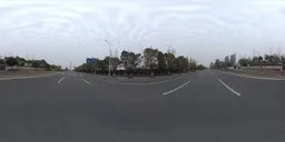 HDRI image featuring empty urban road with street lamps and trees for realistic scene lighting.