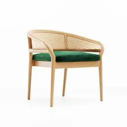 "Indochine Lounge Chair: A fusion of velvet, rattan, and bamboo wood, inspired by Antonín Chittussi and rendered in Redshift. Featuring a green cushion, this minimalistic chair is a perfect addition to any modern furniture collection."