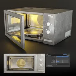 "High-quality 3D model of an old microwave oven in Blender 3D with detailed and photorealistic textures. Featuring a yellow light and chrome metal material, this model is perfect for household appliance scenes. Inspired by Bill Lewis and rendered using Substance Designer technology."