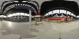 360-degree HDR panorama of Hamburg Hbf train station interior for realistic lighting in 3D scenes.
