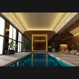 Indoor pool 3D render demonstrating material and lighting setup suitable for Blender Cycles rendering.