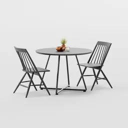"Modern Table Set - 3D model for Blender 3D, featuring a steel grey table, two chairs, and a bowl of fruit. Perfect for contemporary scene design. High-res, official render with distinct horizon and garden trio."