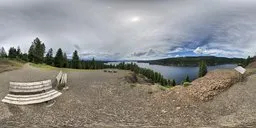 Panoramic view of river valley with cloudscape and treeline for HDR lighting reference