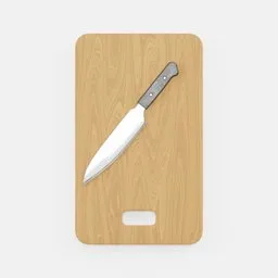 Detailed 3D rendering of a chef's knife on a wooden cutting board created using Blender software.