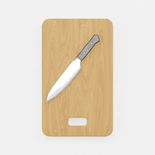 Detailed 3D rendering of a chef's knife on a wooden cutting board created using Blender software.