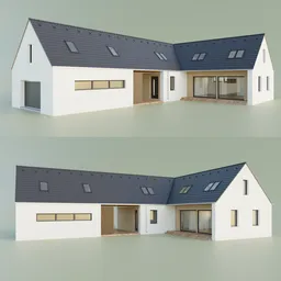 "Blender 3D model of a clean, cel-shaded house with a pitched roof and white finish. Featuring interior walls, front and side elevations, and rendered lighting. Perfect for new families and home design enthusiasts."
