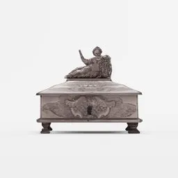 Detailed 3D scan of antique silver jewelry case with ornate relief and figure atop, compatible with Blender for rendering.