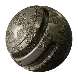 2K PBR Victorian metal texture with intricate patterns, scratches, and rust for realistic rendering in Blender 3D and similar applications.