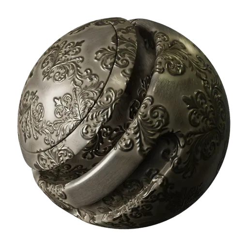 2K PBR Victorian metal texture with intricate patterns, scratches, and rust for realistic rendering in Blender 3D and similar applications.