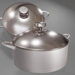 Realistic stainless steel cooking pot 3D model with lid, suitable for Blender rendering and kitchen scenes.