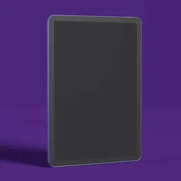 "3D model of iPad Air 4 tablet on purple surface, created in Blender 3D. Minimalist photorealism with solid black background and material design inspired by Patrick Adam. Close-up full body frontal view with featureless silhouette and simple concept art portrait."