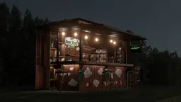 Rustic hillside bar 3D model with detailed textures and atmospheric lighting, rendered in Blender.