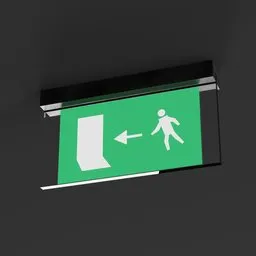"Modern and elegant ceiling emergency exit sign 3D model with energy-saving LED lighting. This reliable and essential addition to any interior ensures quick and easy navigation in low light conditions, directing people towards safety. Perfect for Blender 3D modeling."