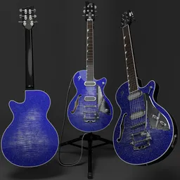 "3D model of Duesenberg Starplayer TV Blue short tail electric guitar, created in Blender 3D. Features a spruce top, mahogany body, maple neck, two humbucking pickups, Trem-o-matic bridge and Bigsby tremolo. Includes Duesenberg guitar strap and tripod guitar stand. Perfect for stage and versatile use."