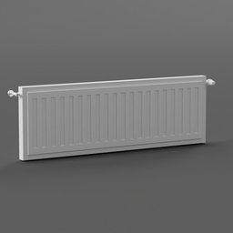 "Highly detailed 3D model of a Soviet-style wall-mounted radiator for room heating. Rendered in Blender 3D with a white panel and a slim body, this grey tarnished longcoat radiator is perfect for household appliances. Staggered depth and left aligned, this official product image features a chemrail and is captured in fig.1 product shot."