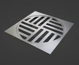 High-quality 3D render of a square metal bathroom drain, compatible with Blender for architectural design use.