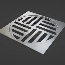 "Metal floor drain cover with intricate circular design, ideal for architectural renderings and bathroom scenes. Simplified realism style, perfect for ventilation shafts and sewage systems. High-quality 3D model for Blender 3D software."