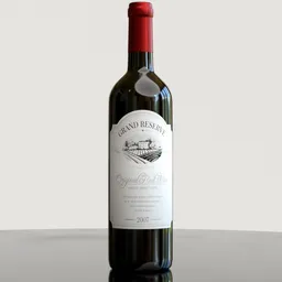 "Grand Reserve 0.75L bottle of wine on a white table background. Detailed and inspired by Charles Ragland Bunnell, with a front label by Pierre Laffillé. Perfect for Blender 3D models in the 'drink' category."